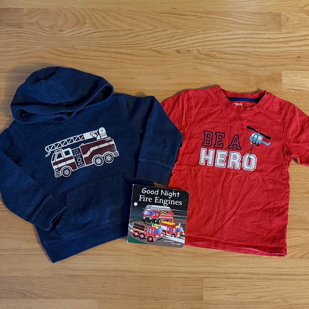 Toddler Firetruck Themed 3 pc bundle, sweatshirt, tshirt, and fun book, size 4